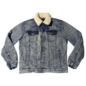 PACSUN Blue Sherpa Collar Lined Snap Men Small Denim Trucker Jacket